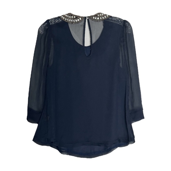 ๐บ Ark & Co Beaded Sheer Blouse Size S Peter Pan Collar Half Sleeve Crystal Top - Picture 2 of 8